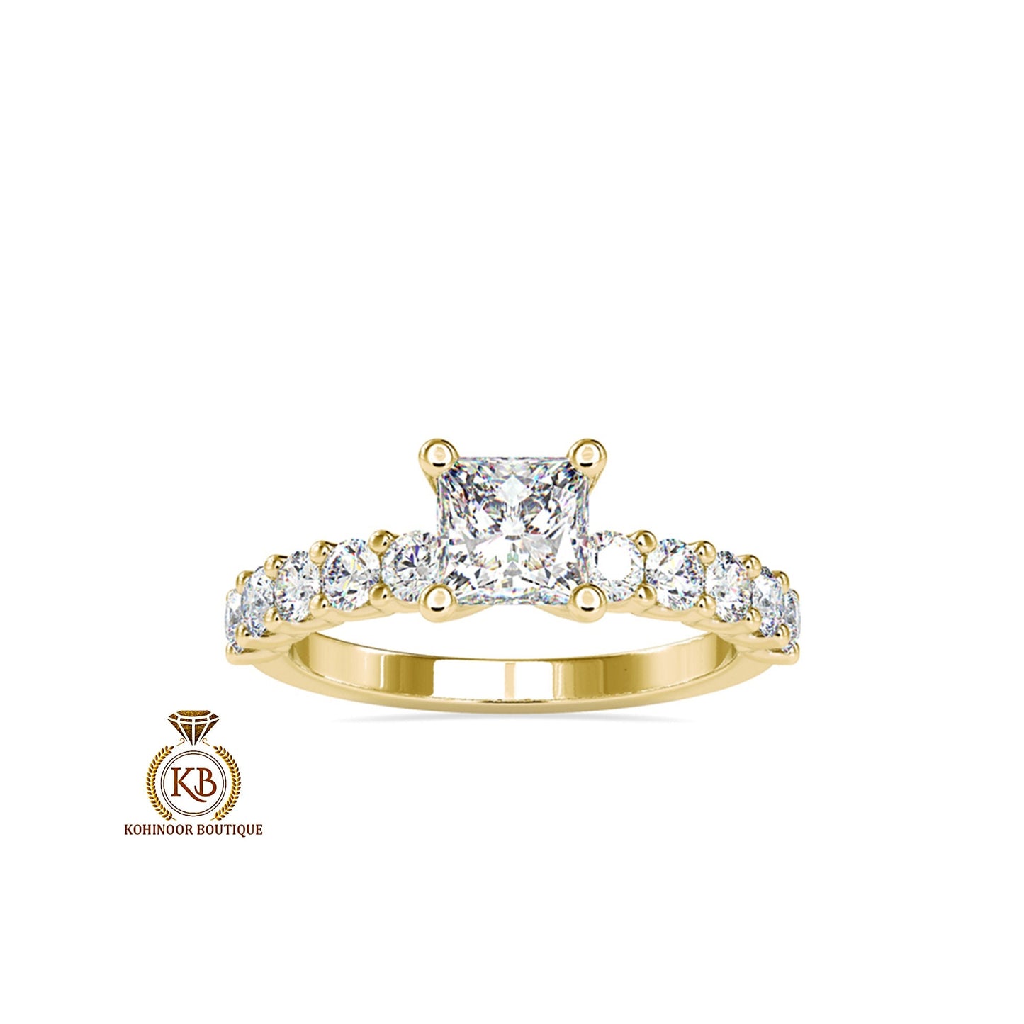 Princess Cut Solitaire with side U pave Band Moissanite Engagement ring, ring for her, gift for her