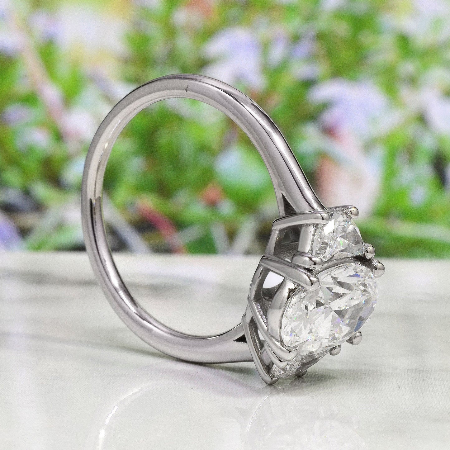 3 Stone Oval & Half Moon Moissanite Engagement ring, ring for her, gift for women, 3 stone engagement ring.