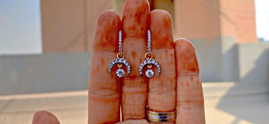 Half moon Moissanite button back Georgian cut down Huggie,2 in 1  statement earring, blackened gold earrings.