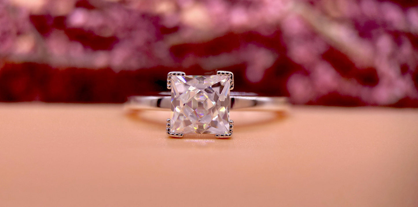 French cut Moissanite Solitaire Engagement ring, vintage moissanite ring, ring for women, ring for her, art deco ring