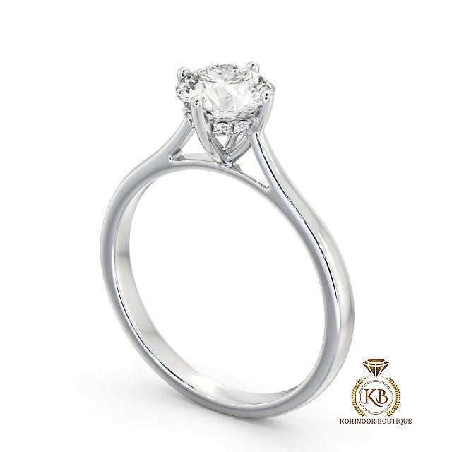 Compass prong set Round Cut Hidden Halo Cathedral set Solitaire Moissanite Engagement ring, ring for her, proposal ring, gift for women