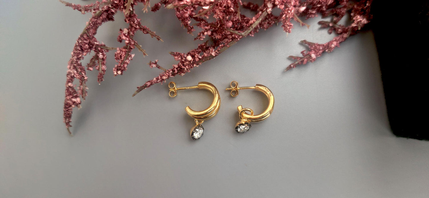 Round Moissanite button back Georgian cut down tripset hoops ,2 in 1  statement earring, blackened gold earrings.