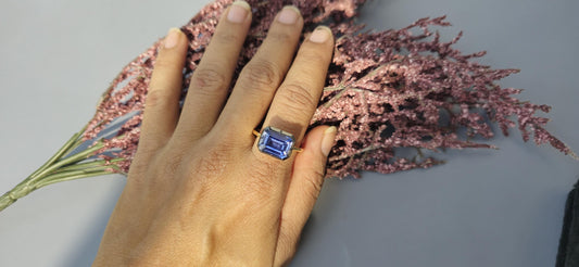 East West  set Corn flower Blue sapphire emerald Cut Georgian cut down button back solitaire engagement ring, ring for her, ring for women