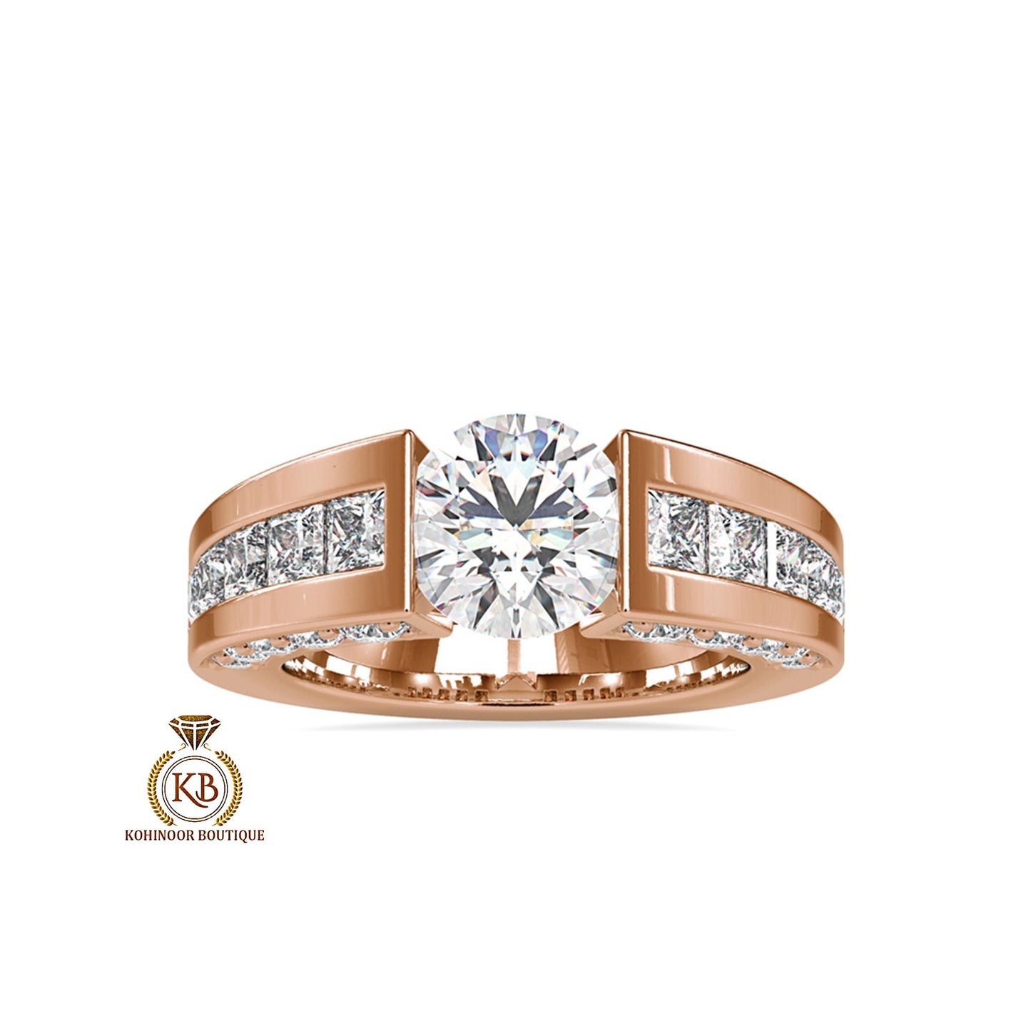 Round Cut Moissanite with princess cut side pave Engagement Ring, Proposal\Anniversary\Wedding Ring for Men\Women\Unisex Band