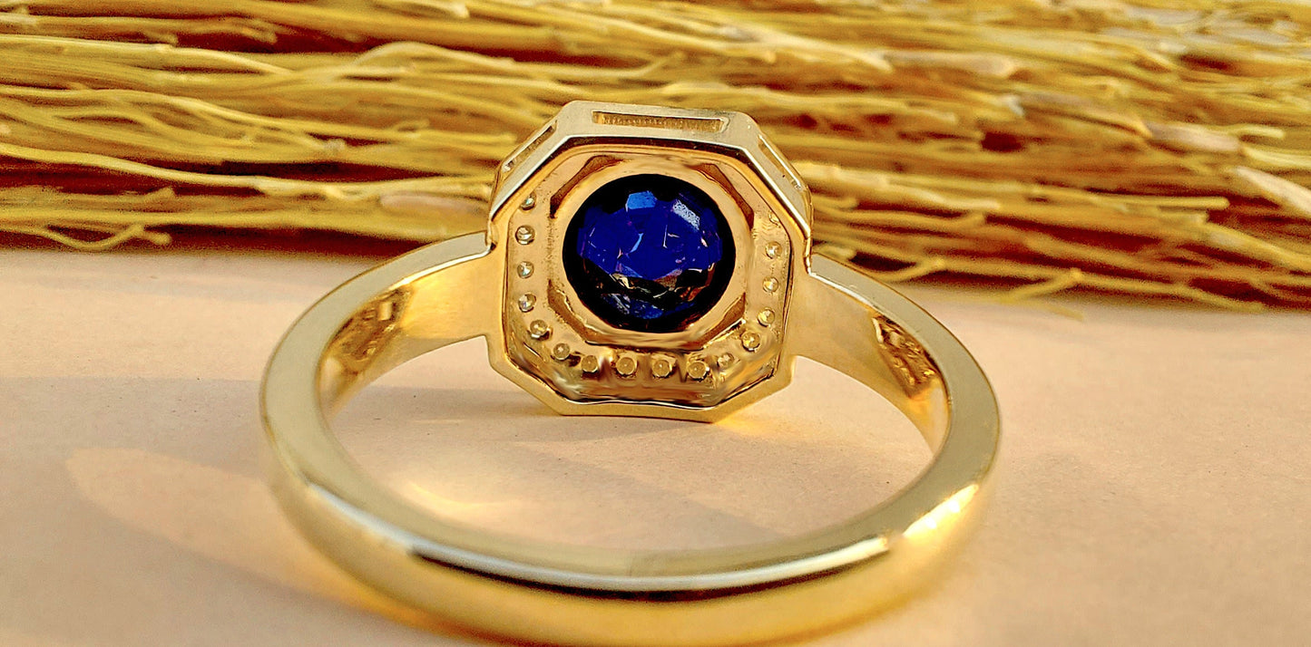 Lab Blue Sapphire with Moissanite Halo Engagement Ring, Proposal Ring, Ring for Mother, Anniversary Gift for wife