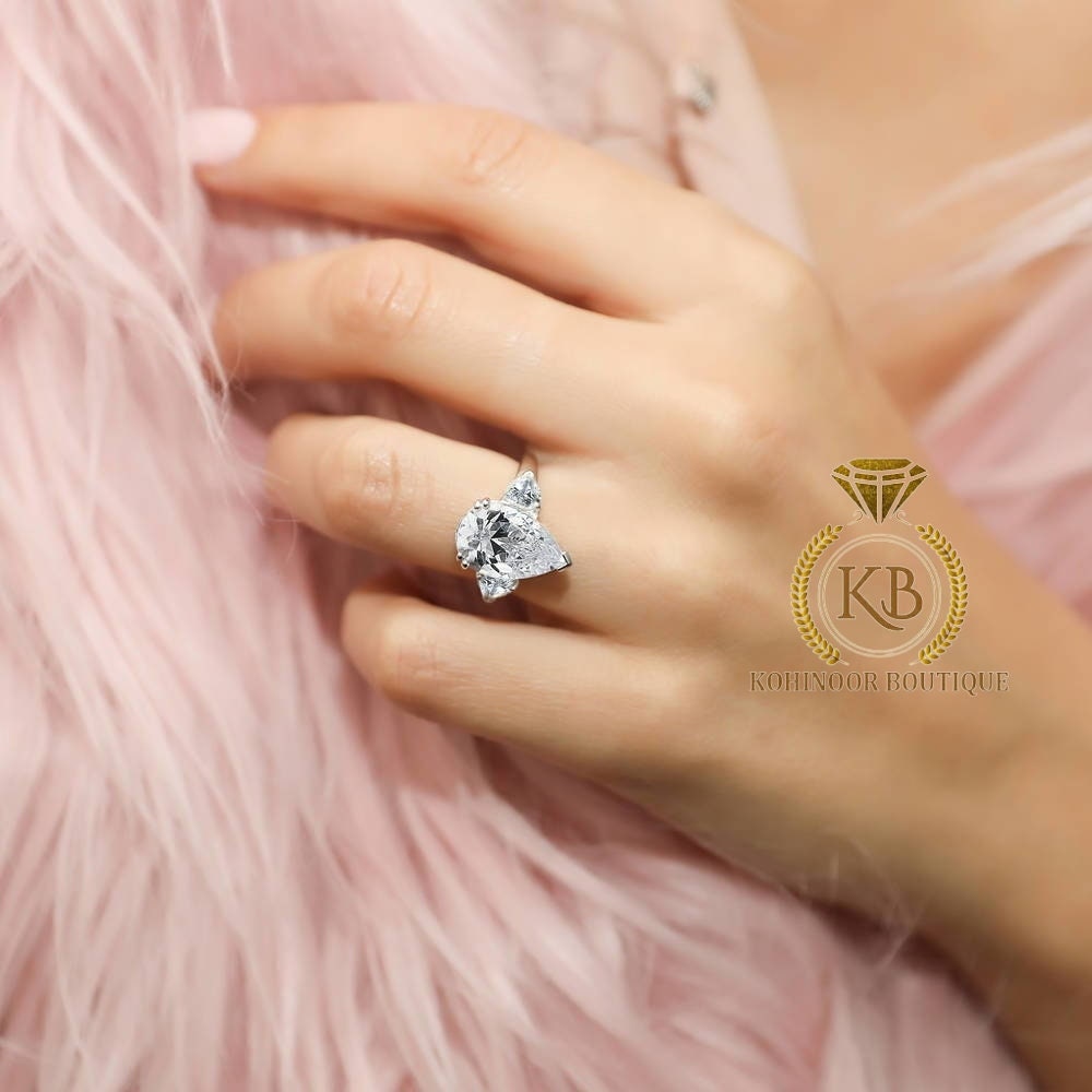 Pear 3-Stone moissanite solitaire Engagement Ring, ring for her, statement ring, gift for women