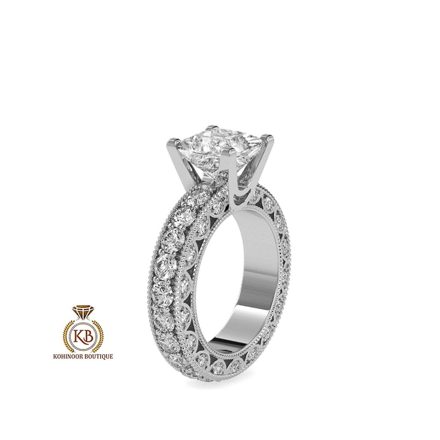Vintage Princess Cut Moissanite Solitaire Engagement ring with side scallop 3 side pave Band, milgrain detail on band, art deco ring