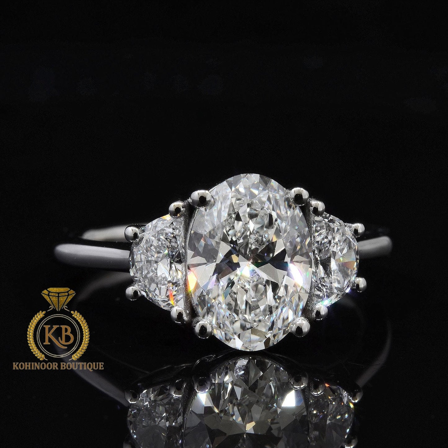 3 Stone Oval & Half Moon Moissanite Engagement ring, ring for her, gift for women, 3 stone engagement ring.