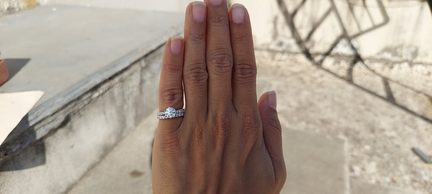 Tulip Lotus Prong French Pave Band Round Moissanite Bridal Set, flower basket , Petal Prongs, Promise\proposal Ring.