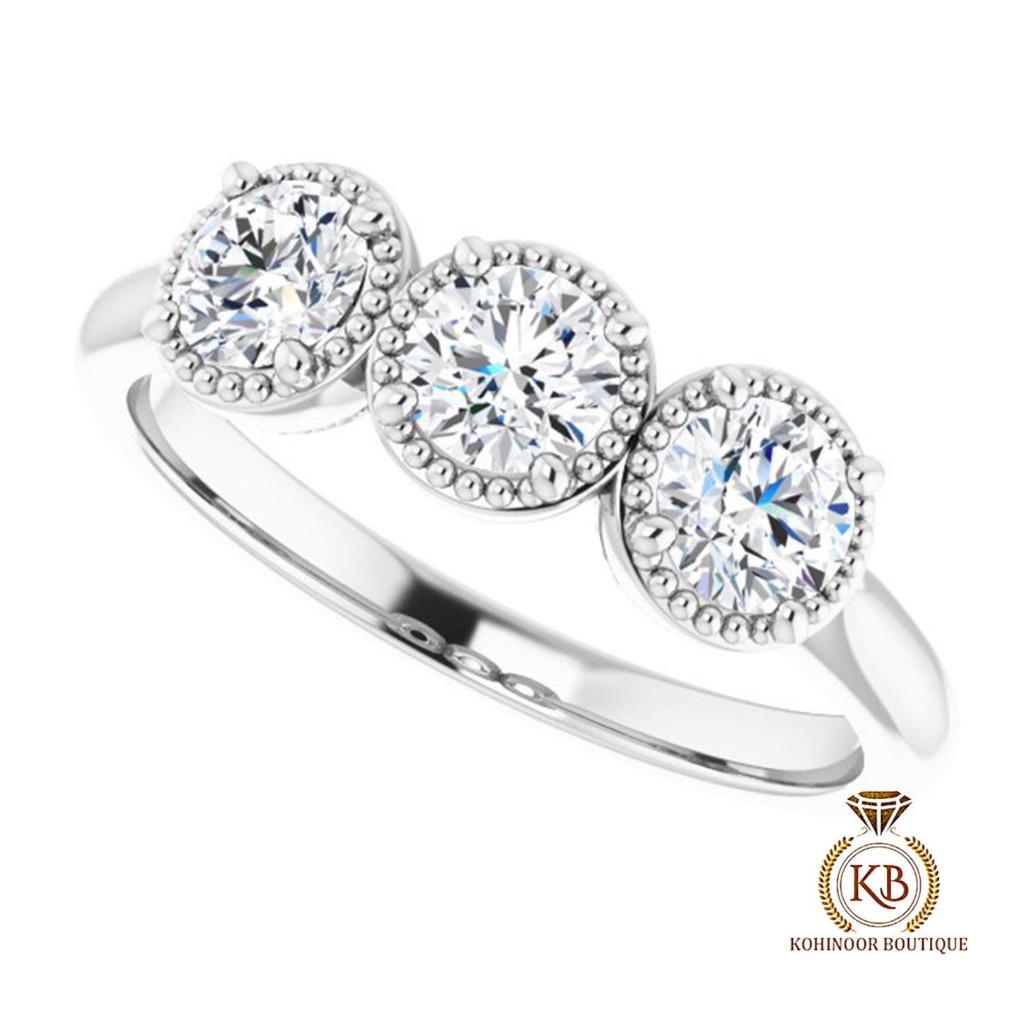 3 Stone Round Bezel Milgrain Set Moissanite Engagement ring, Proposal ring, Vintage low profile set ring, ring for her, gift for women.