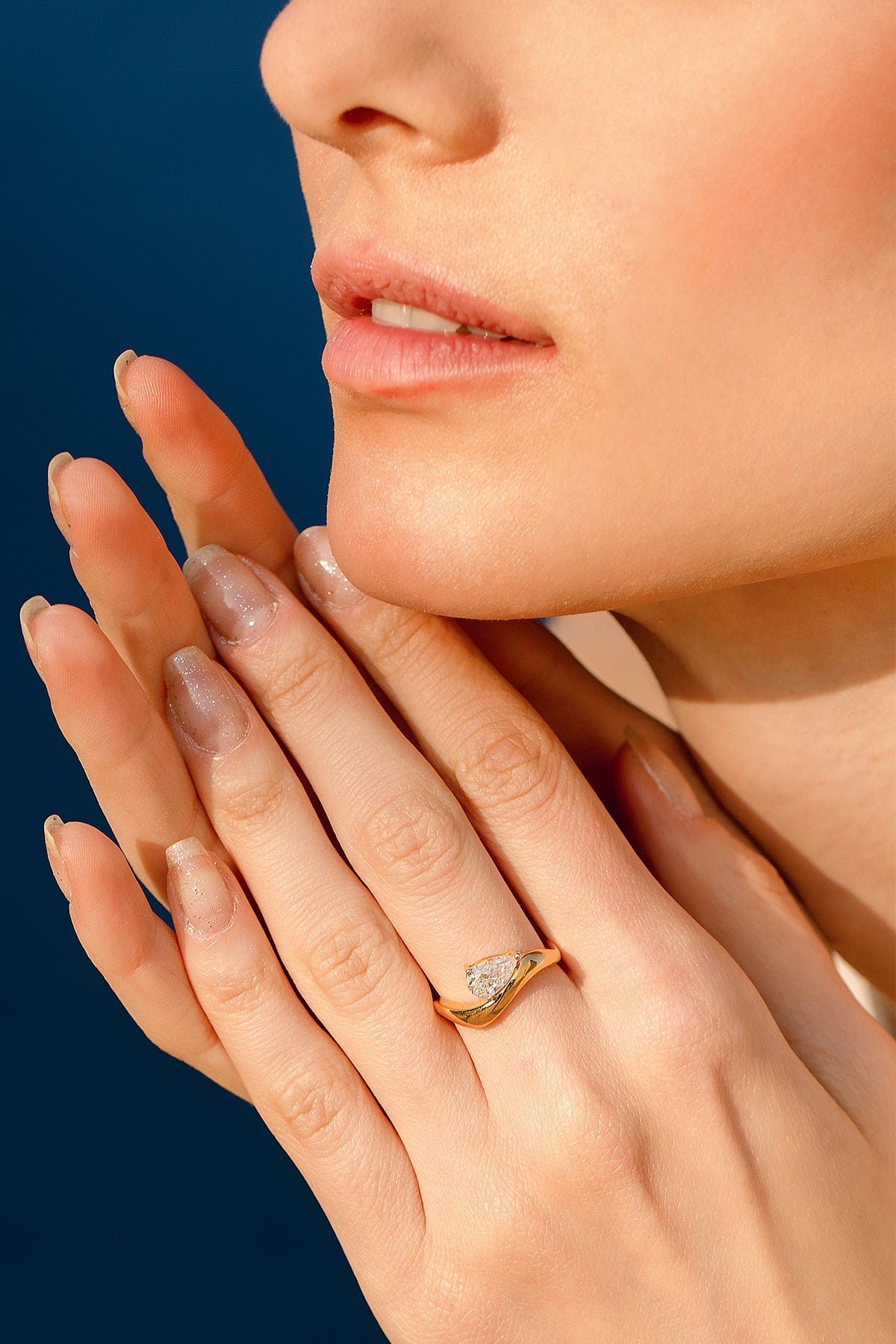 East-West Floating Pear Cut Moissanite Solitaire Engagement Ring, Right hand ring, Cocktail Ring, Ring for her, ring for women