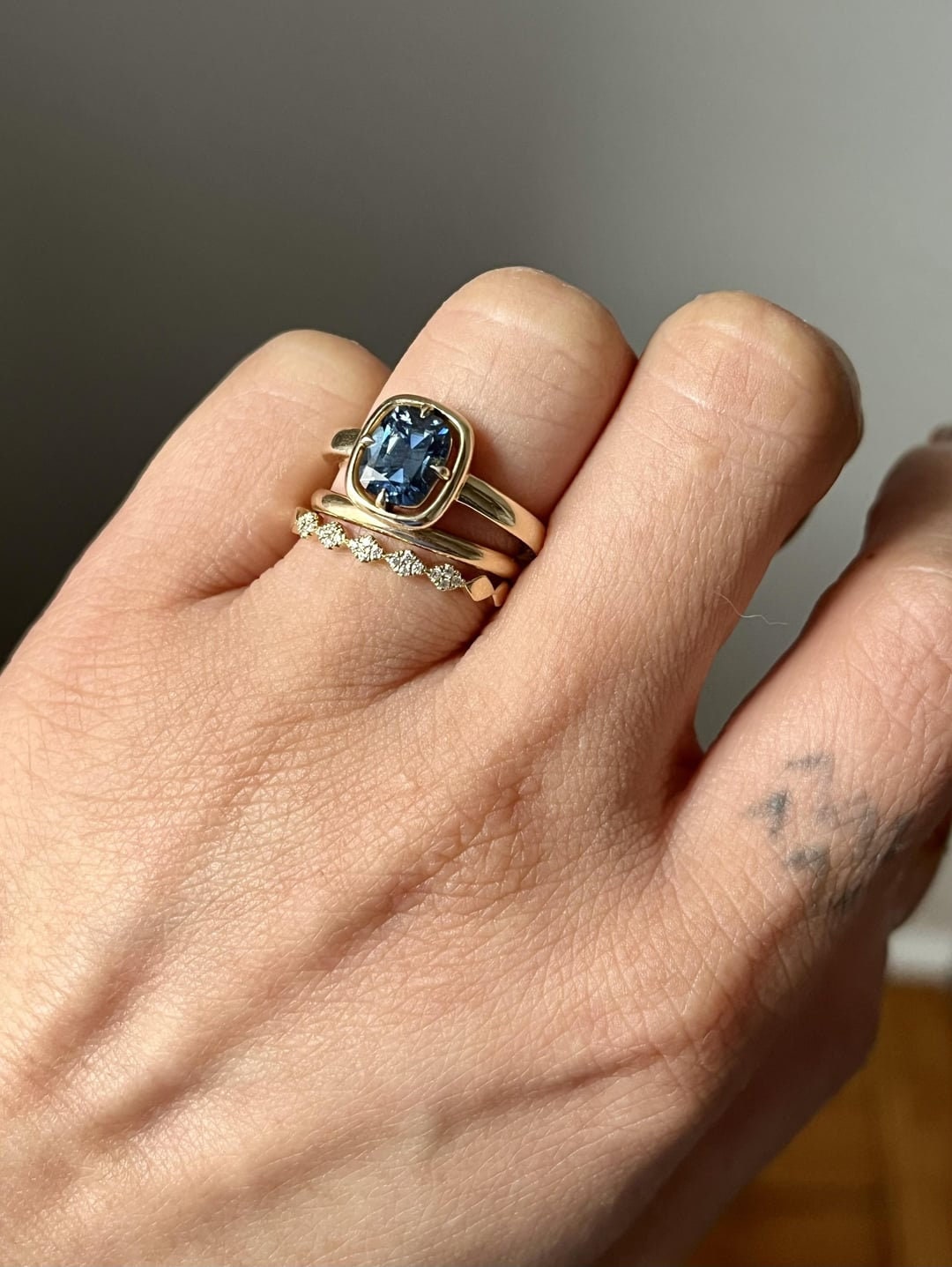 Blue Old Mine Cushion Cut OMC Bezel Georgian Cut down set, Moissanite Solitaire Engagement Ring, ring for her, gift for her, ring for women.