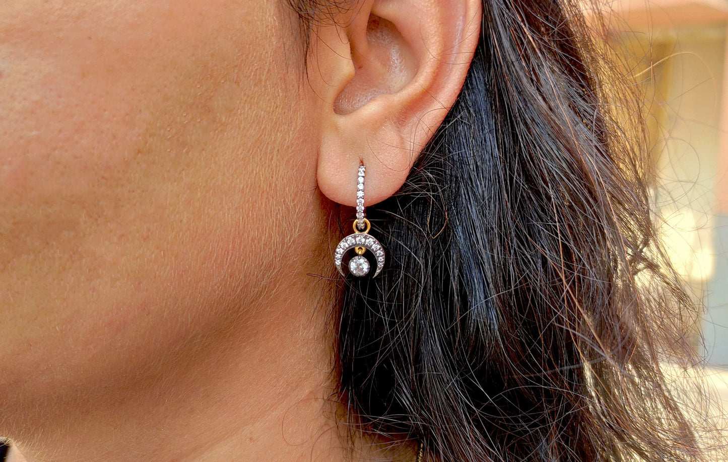 Half moon Moissanite button back Georgian cut down Huggie,2 in 1  statement earring, blackened gold earrings.