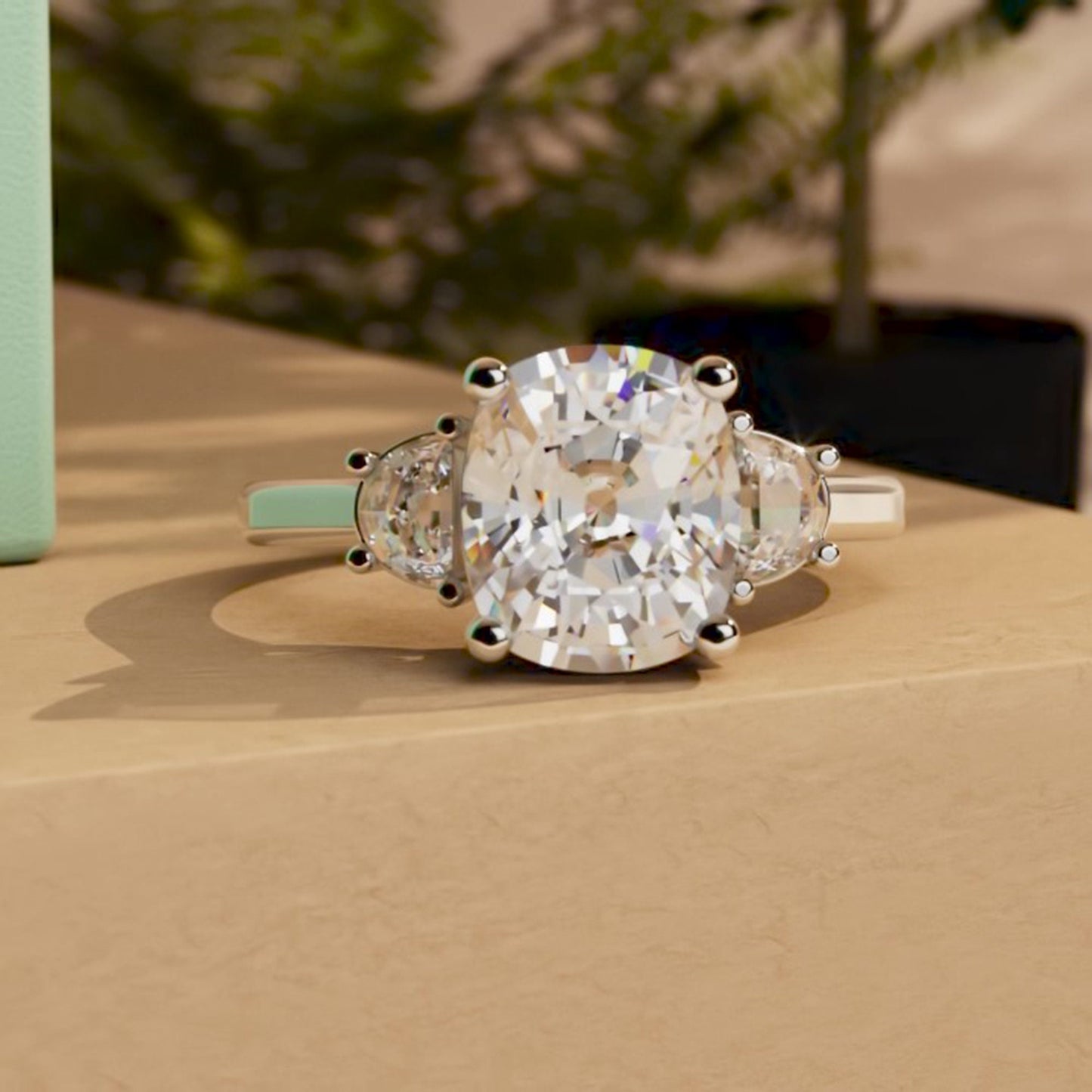 Old mine cut Elongated cushion and Half moon cut 3 stone Moissanite Engagement Ring Wedding anniversary gift for wife