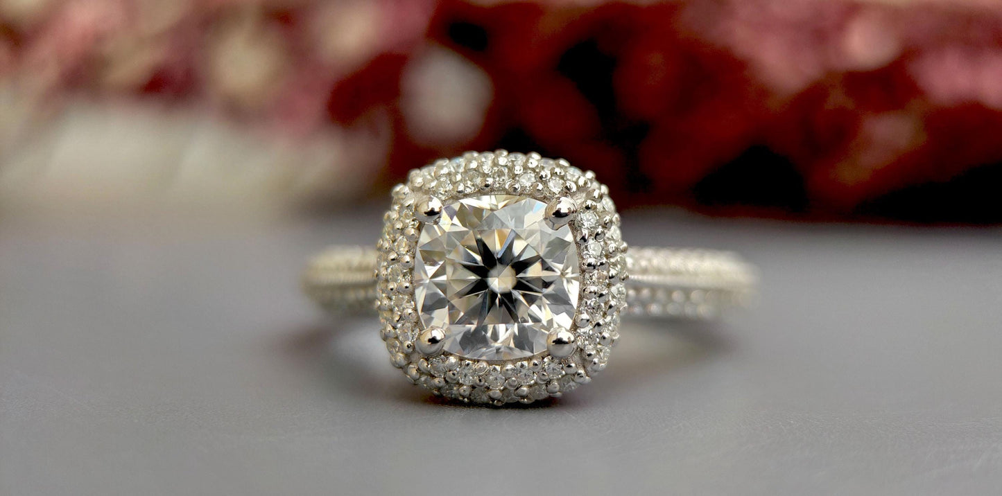 Vintage Cushion Cut Cathedral set Moissanite Double Halo double side pave milgrain pave basket with Lab rubies and and pave basket band.