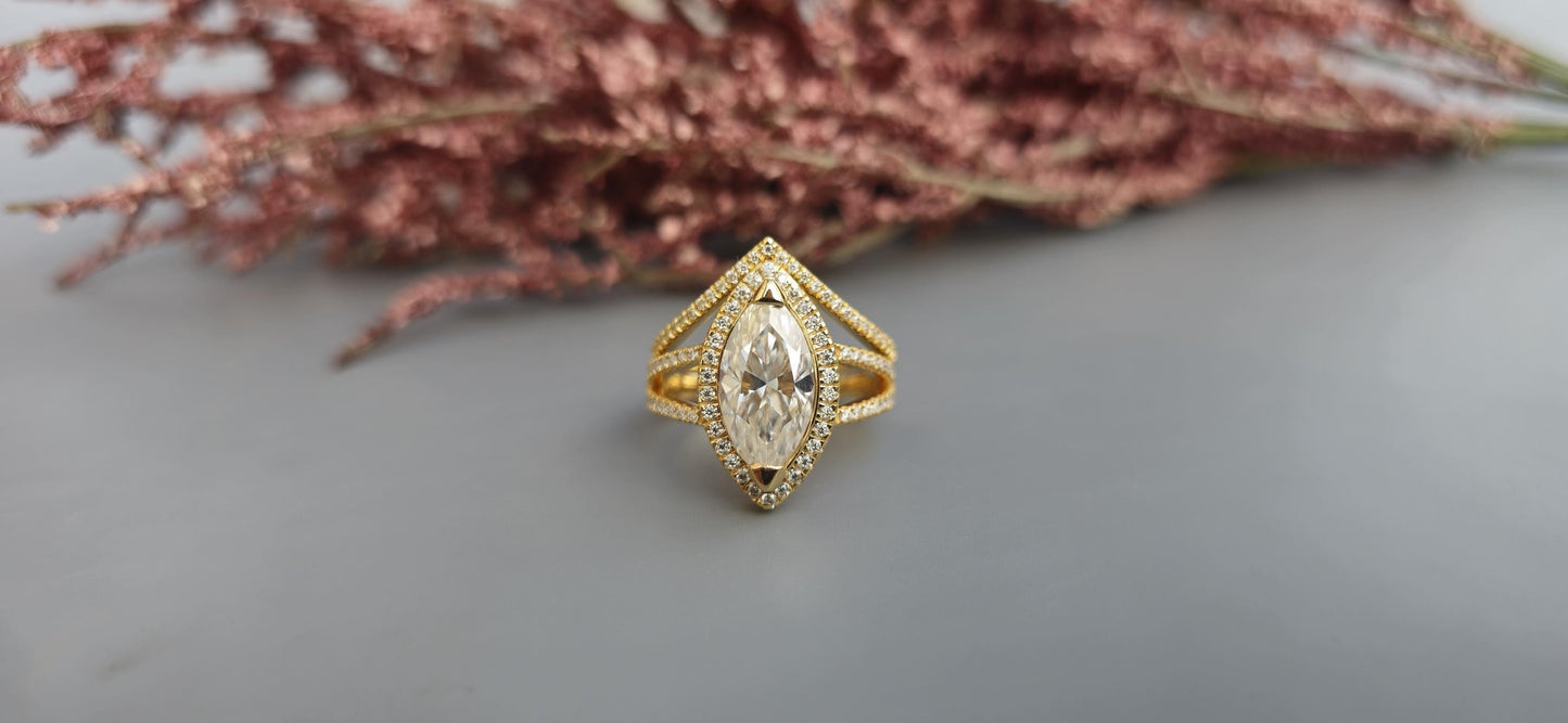 Marquise Cut Halo Moissanite Engagement Ring, Wedding Bridal Set, Anniversary gift for wife, Ring for women