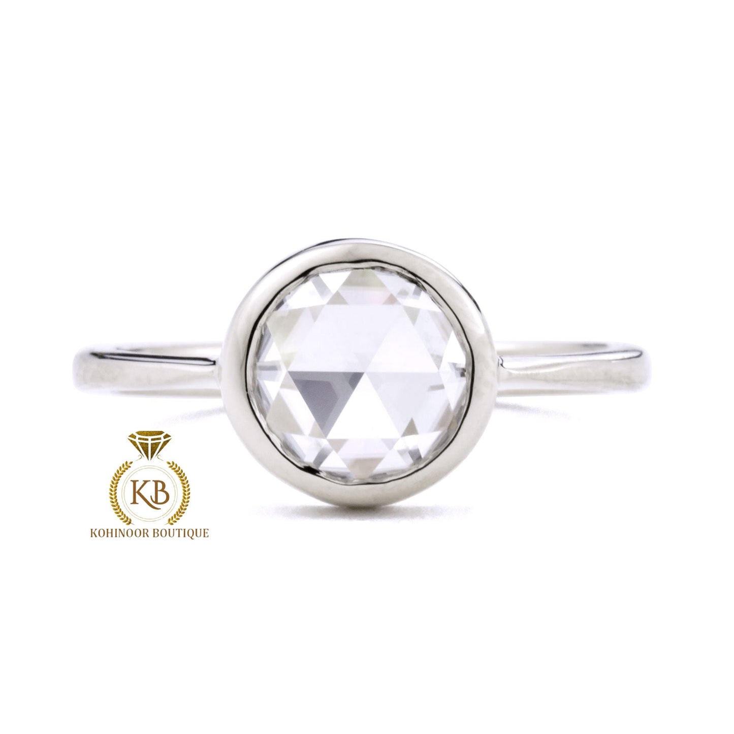 Bezel set Round Rose Cut Moissanite Engagement ring, low profile set engagement ring, Vintage ring for her