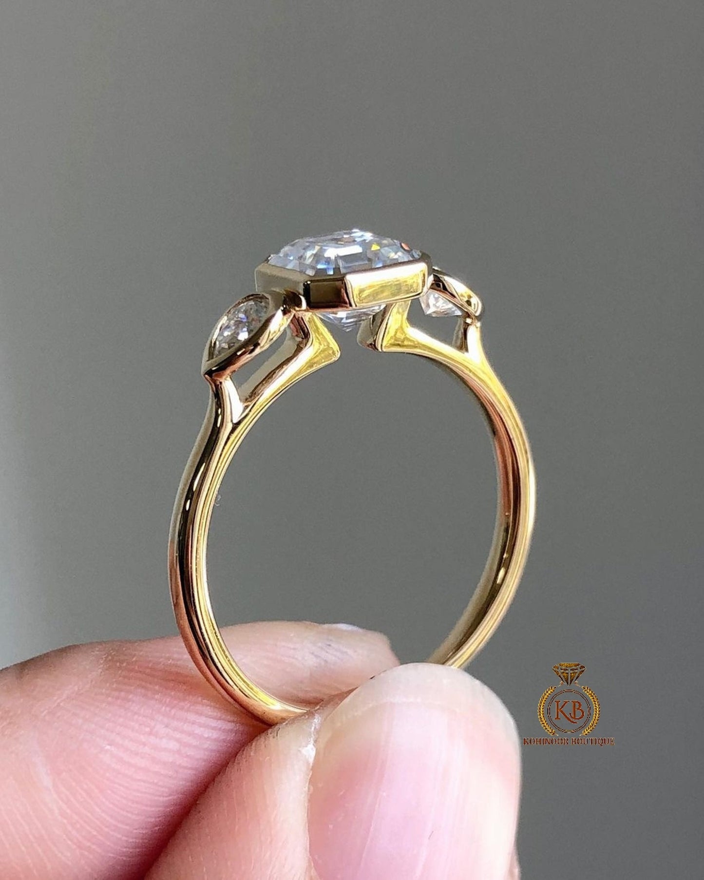 Asscher & Pear Cut Moissanite 3 stone Engagement Ring, Rings for women, Ring for her