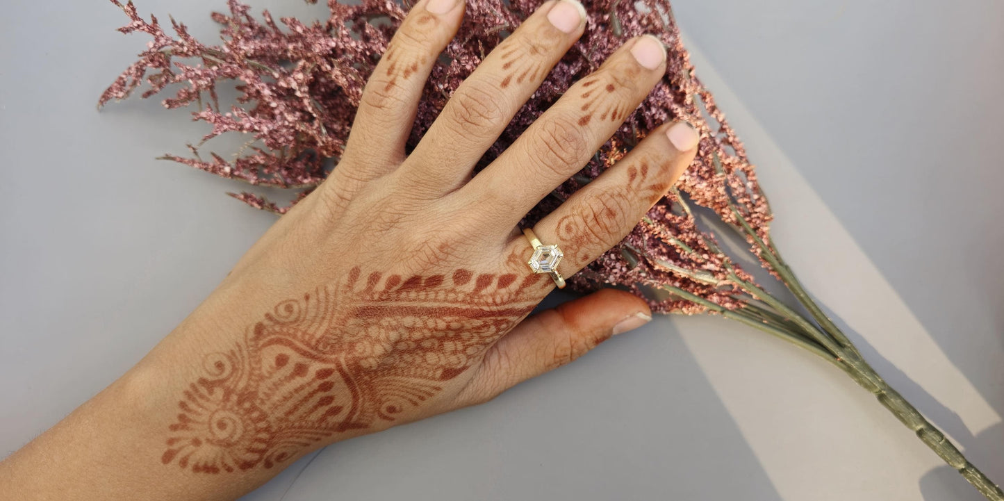 One of a kind Elongated Hexagon shaped Bezel set with Lab grown daimond Solitaire Engagement ring, ring for women, proposal ring