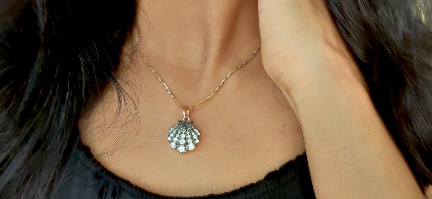 Sea shell charm Moissanite blackened gold Georgian Pendant without chain, Circa Vintage Pendant.