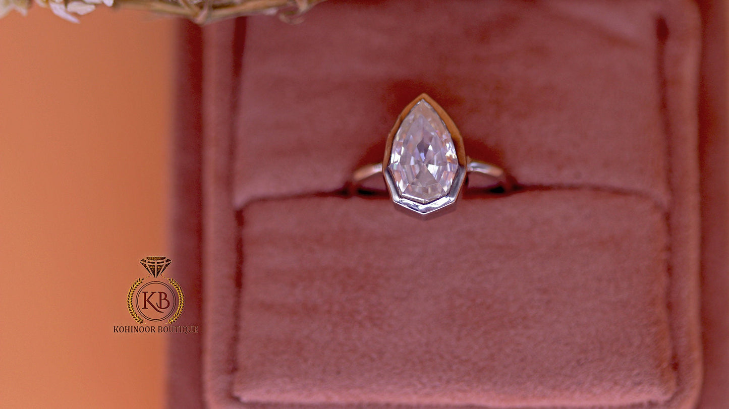 Step Cut Pear Moissanite Bezel Set Solitaire Engagement ring, art deco ring, ring for her, gift for women