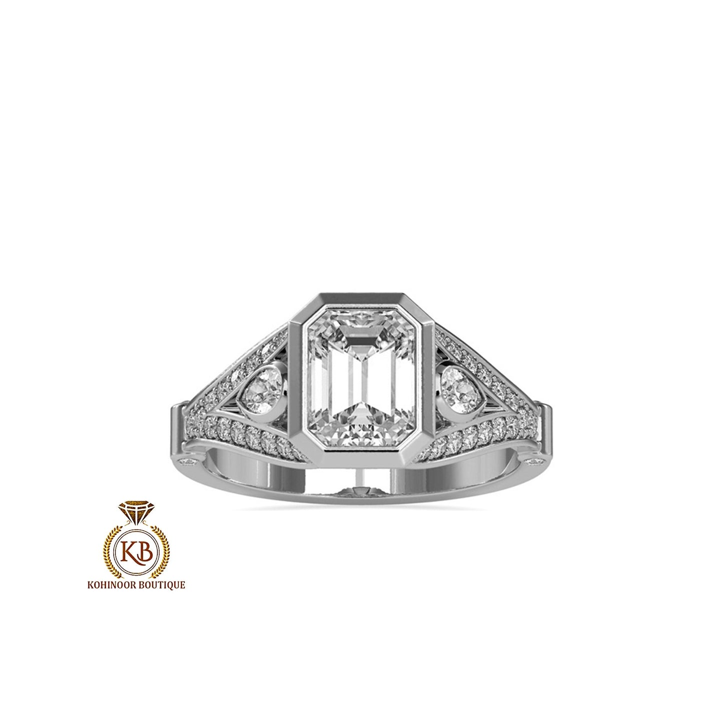 Bezel set Emerald and Pear Cut 3 stone with side pave split shank Moissanite Engagement ring, Ring for women, art deco ring, ring for her.