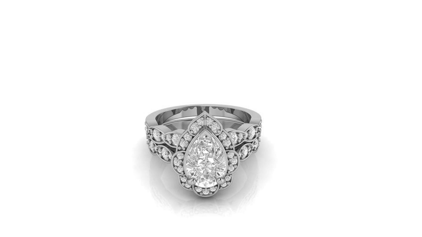 Pear Halo Moissanite Bridal Ring Set, Wedding Bridal Set, Anniversary gift for wife, Ring for women