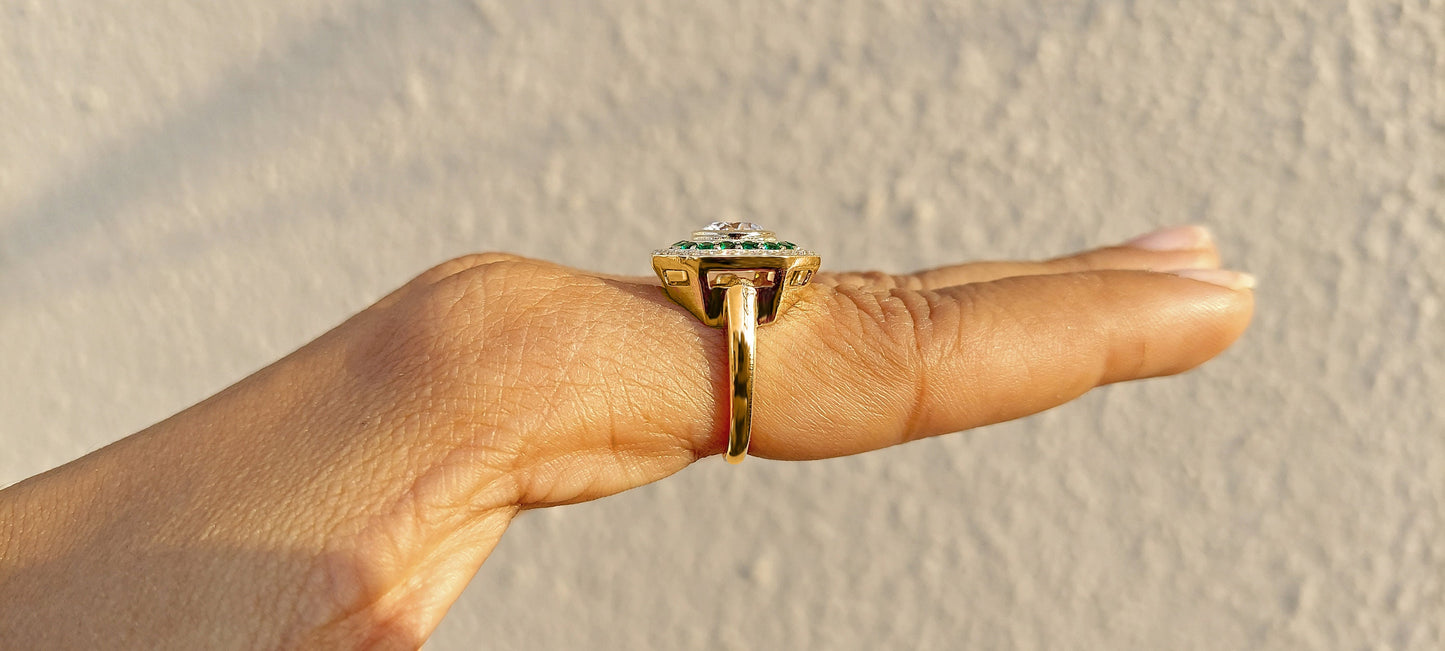 Vintage Round Cut Moissanite and Emerald Double Halo Engagement Ring, Proposal Ring, Ring for Mother, Anniversary Gift for wife