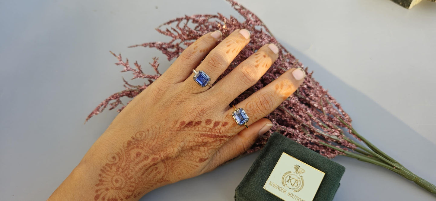 East West  set Corn flower Blue sapphire emerald Cut Georgian cut down button back solitaire engagement ring, ring for her, ring for women
