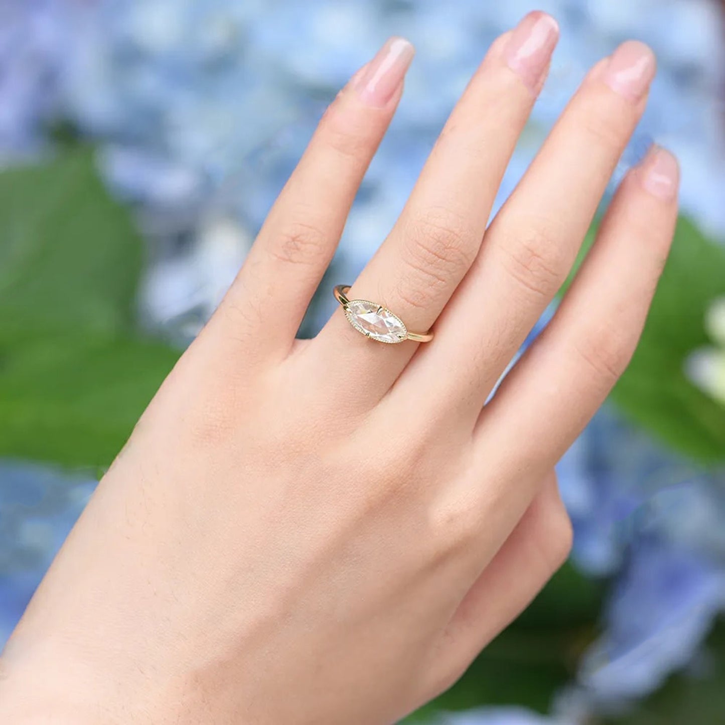 Rose cut Oval\Moval cut East West Set Moissanite Solitaire Engagement Ring, Promise\Proposal Ring with 18k\14k\10k White\Yellow\Rose Gold