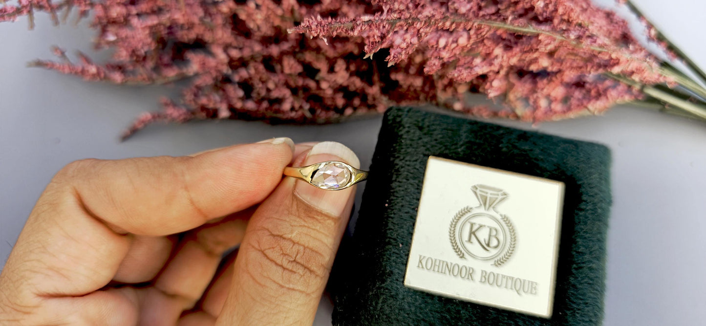 Rose Cut Pear Moissanite Signet ring, Gypsy Flush Set engagement proposal ring, Ring for her, Right hand ring, Ring for women, wedding band