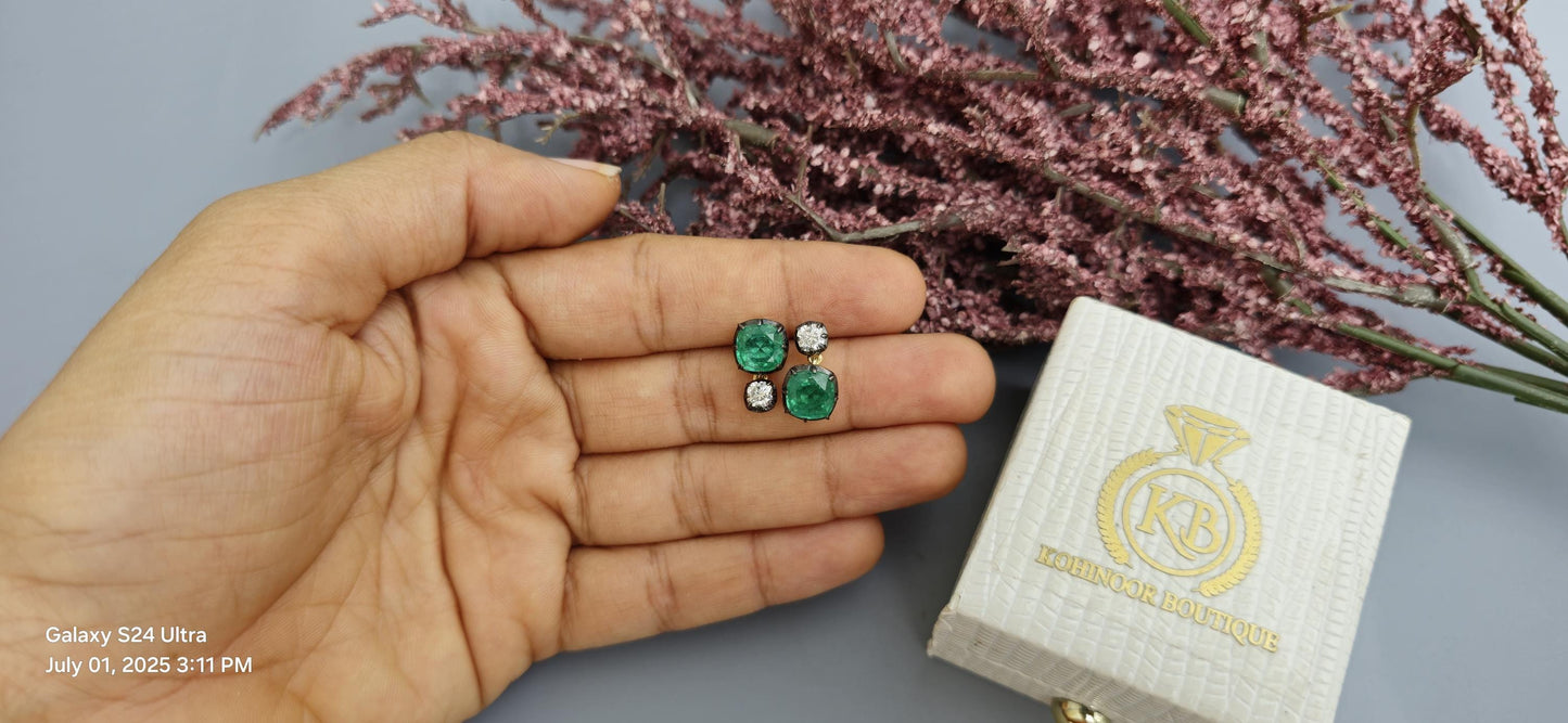 Georgian cut down button back set cushion Moissanite and lab grown Emerald Cushion earrings, Asymmetrical earrings