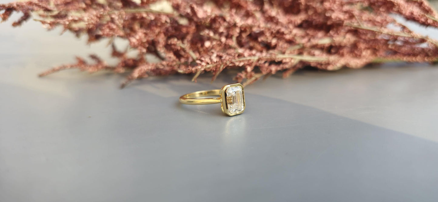 Bezel Set Emerald Moissanite with Tulip basket Solitaire ring, Engagement ring for her, ring for women, proposal ring