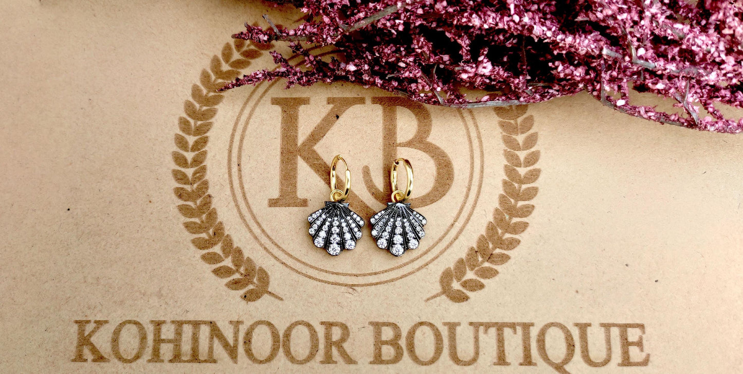 Natural diamond Shell shaped Georgian cut down button back set earrings, Huggie for women, earrings for women