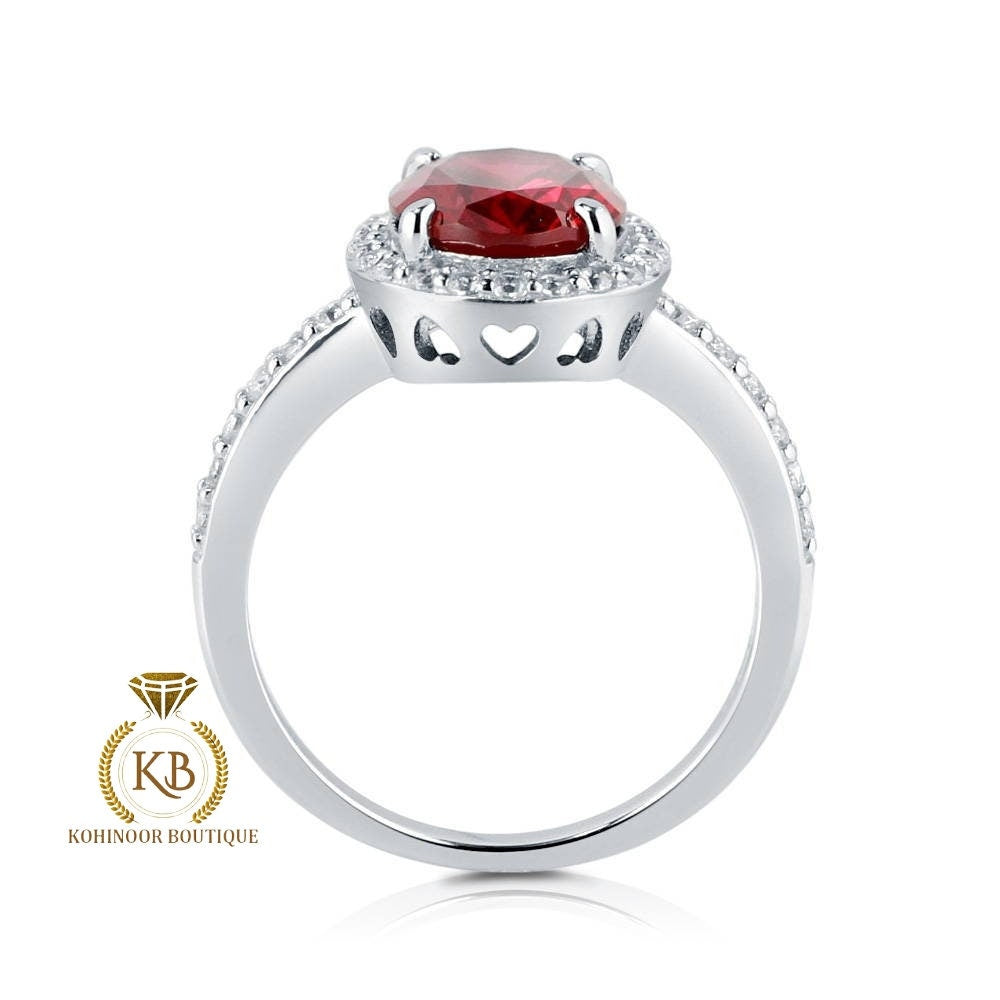 Lab grown Oval Rose Cut Ruby & Round Moissanite halo with side pave Engagement Ring, Rings for women.
