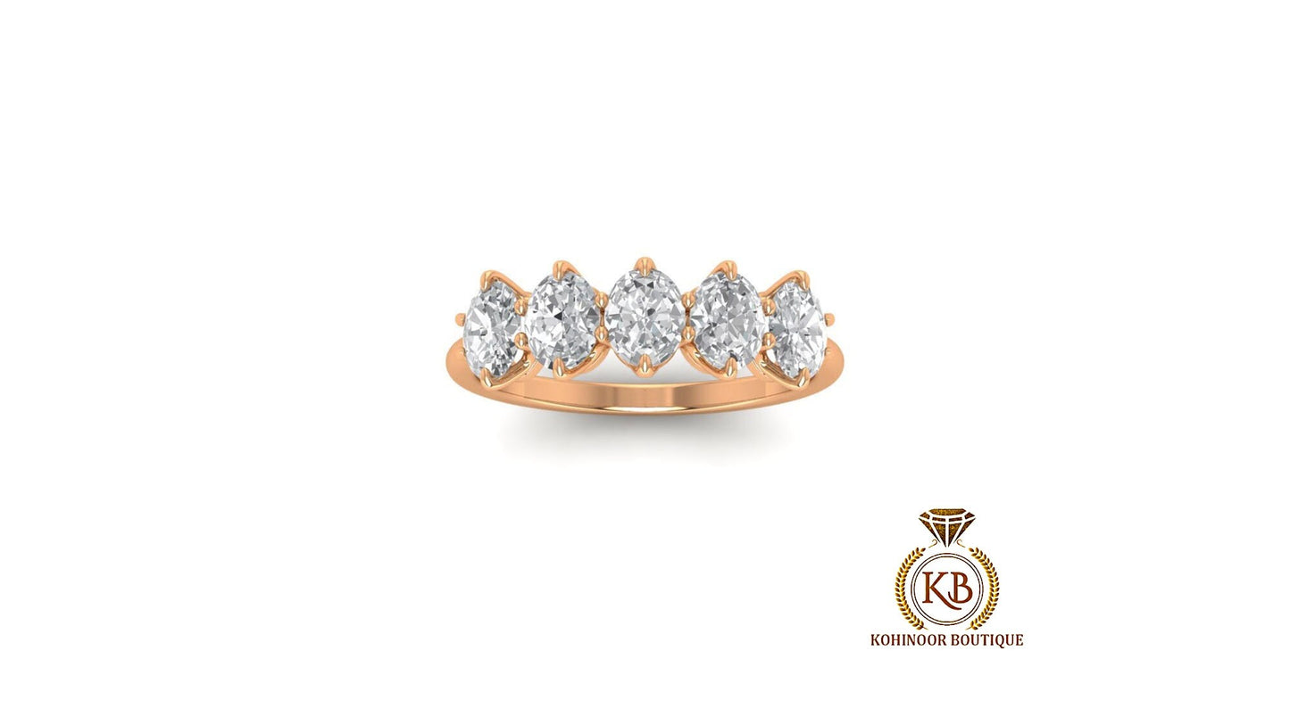 Oval 5-Stone Moissanite Vintage Anniversary band, gift for wife, Wedding Band, Ring for her, Half eternity ring.