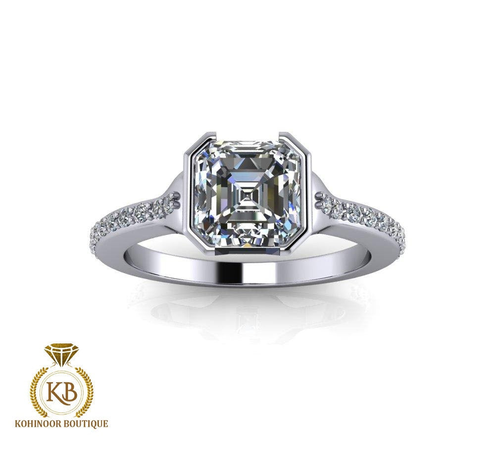 Asscher cut Half Bezel Moissanite Solitaire with side pave Engagement Ring , Promise\proposal Ring with 18k\14k\10k White\Yellow\Rose Gold