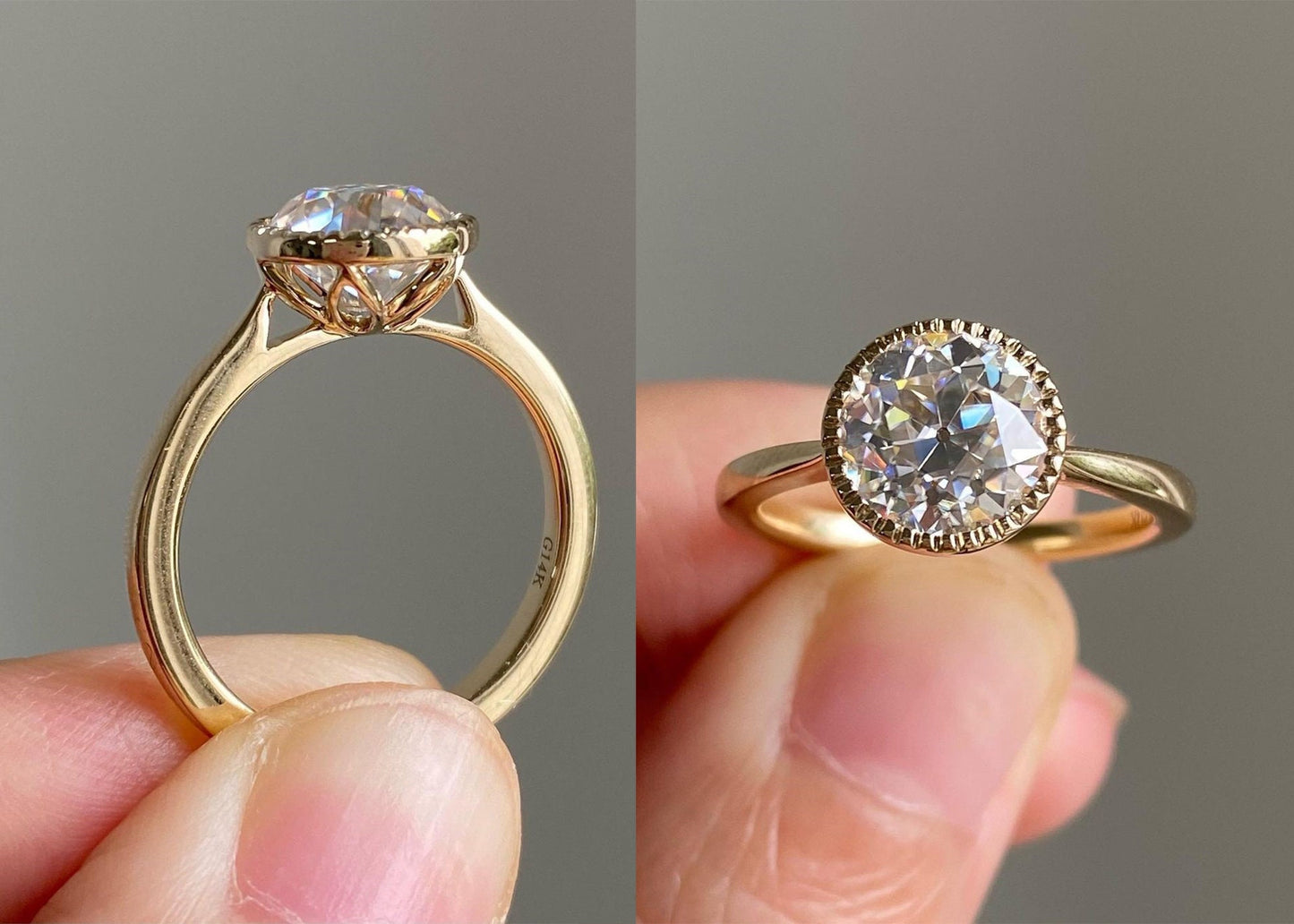 Round Old European Cut OEC Tulip Lotus Prong Bezel Cathedral Set Moissanite Solitaire Engagement Ring, flower basket  Promise\proposal Ring.