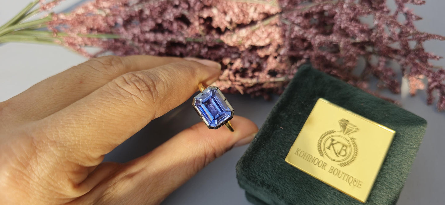 East West  set Corn flower Blue sapphire emerald Cut Georgian cut down button back solitaire engagement ring, ring for her, ring for women