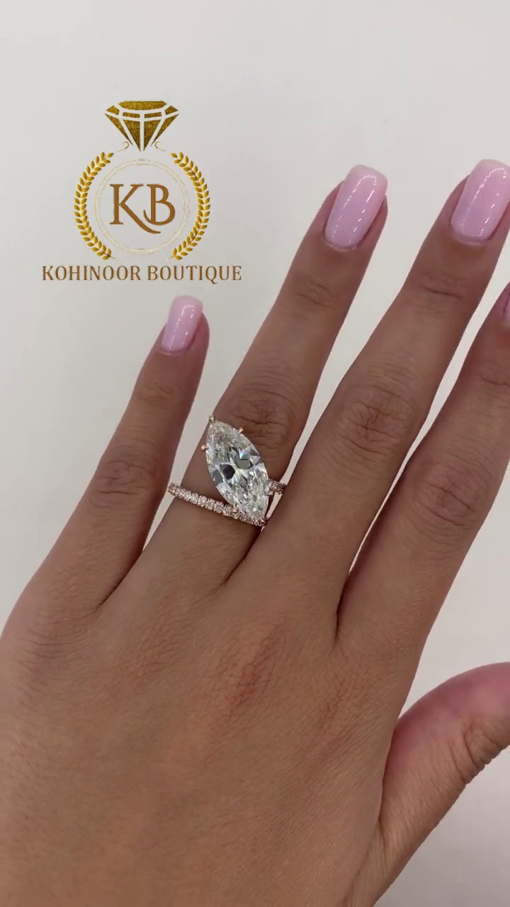 Unique Tilted Floating Marquise Cut Moissanite Double Band Solitaire Engagement\Bridal\propose\anniversary Ring