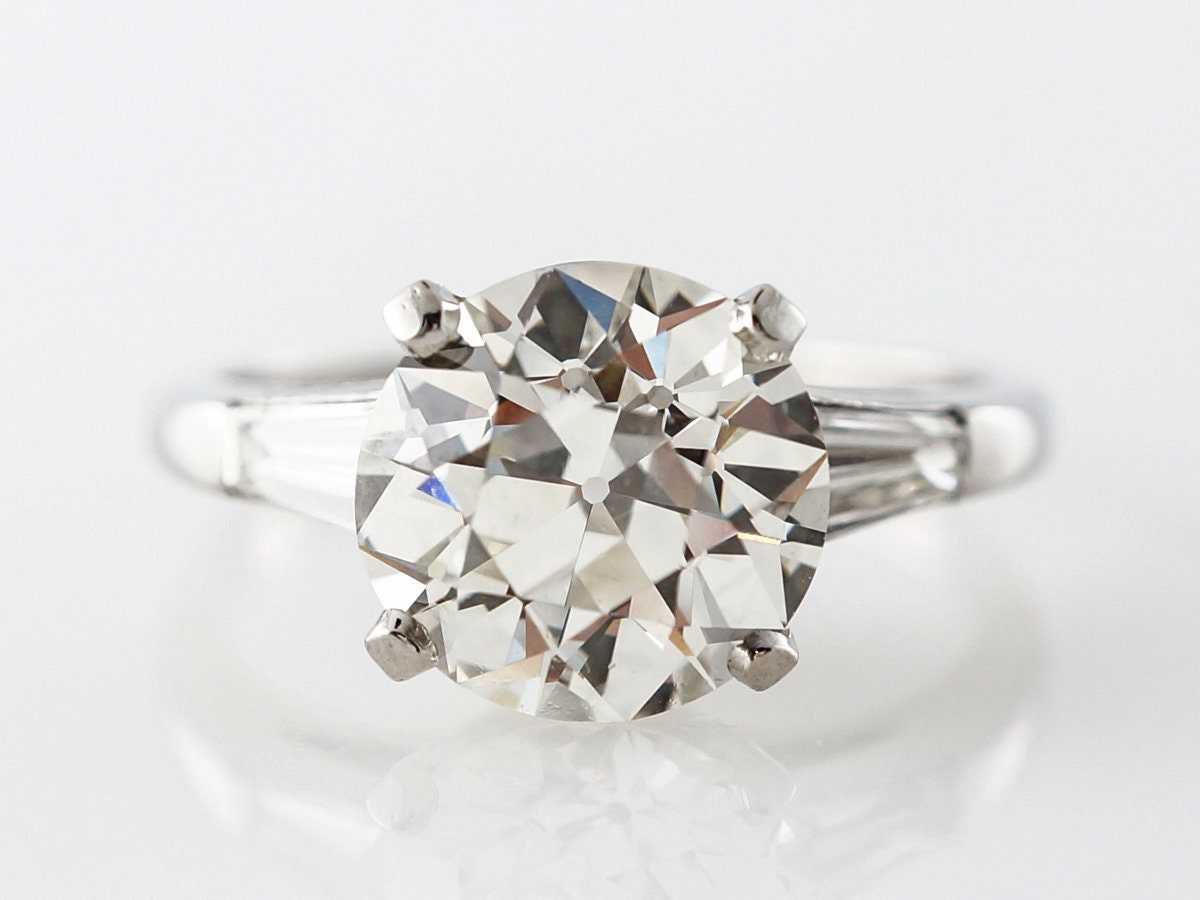 Old European Cut & Tapered Baguette OEC moissanite Three stone Engagement ring, ring for her, gift for women.