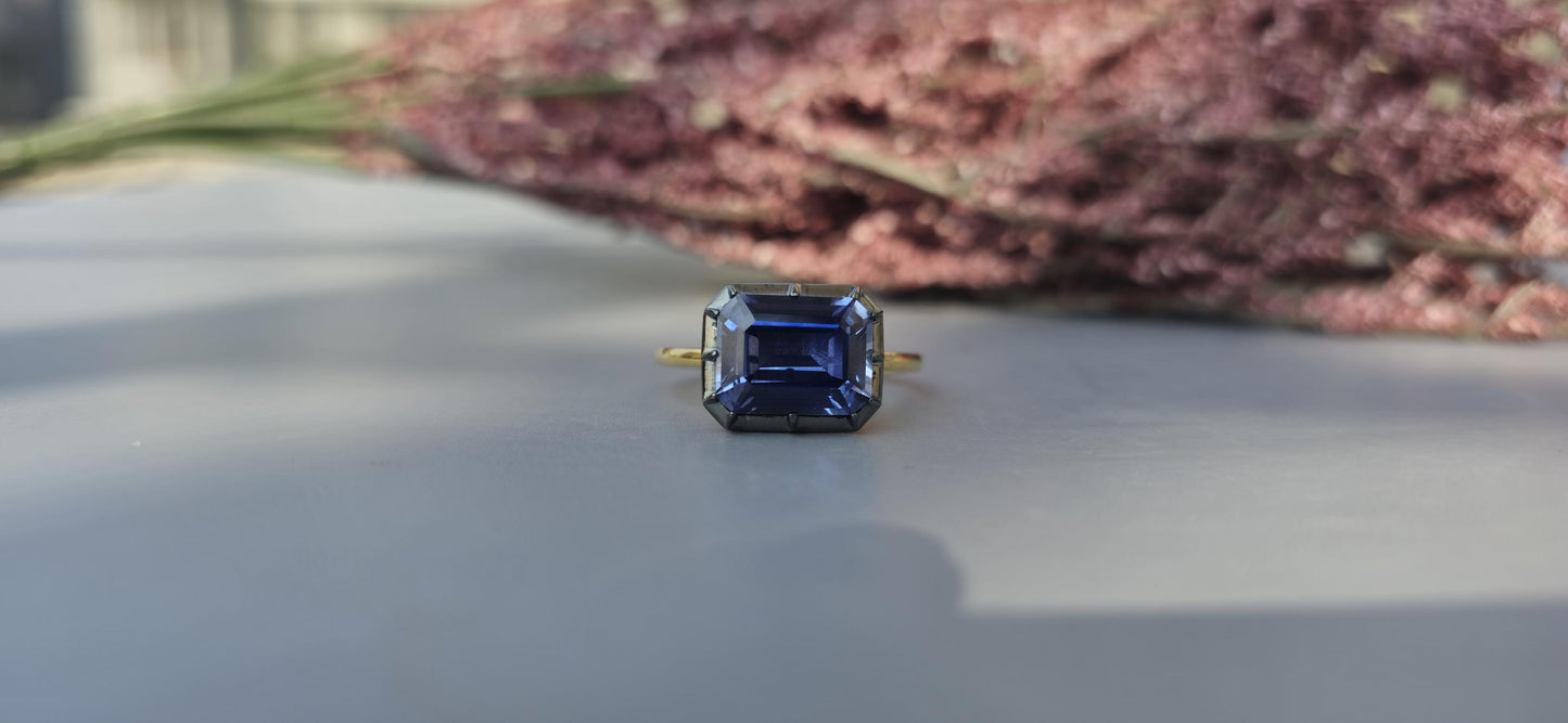 East West  set Corn flower Blue sapphire emerald Cut Georgian cut down button back solitaire engagement ring, ring for her, ring for women