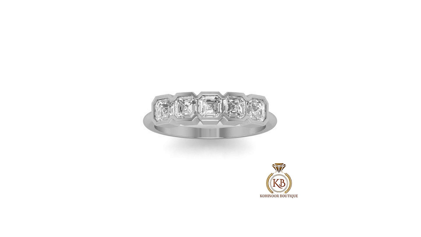 Asscher Cut 5-Stone Moissanite Anniversary half-hoop style  Band, Half bezel Asscher 5 stone band, Gift for wife, Half eternity ring,