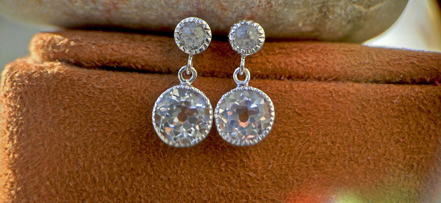 OEC Round Rock Crystal Milgrain Bezel Dangle Hook Drop Earrings for Women, Vintage earrings,everyday earrings, Push back\Screw back Earrings