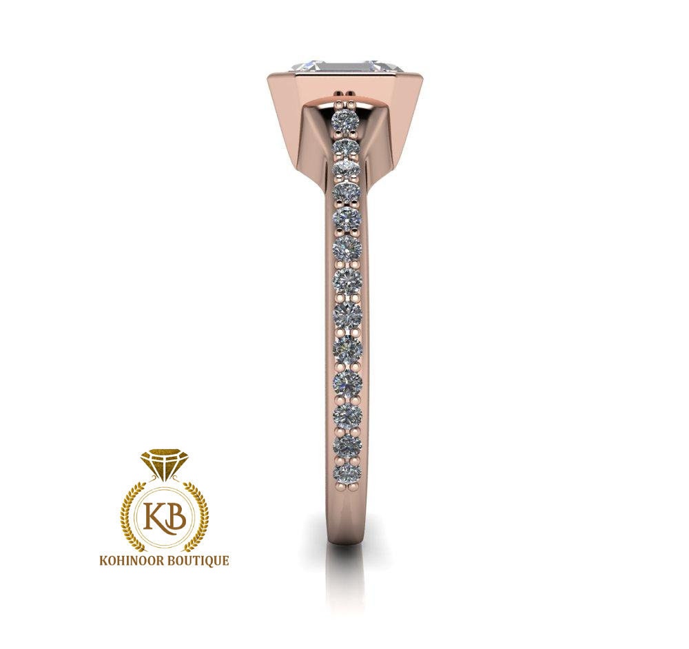 Asscher cut Half Bezel Moissanite Solitaire with side pave Engagement Ring , Promise\proposal Ring with 18k\14k\10k White\Yellow\Rose Gold