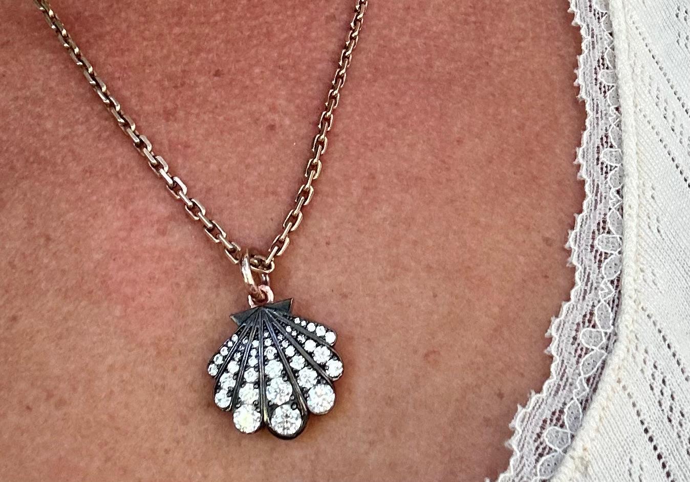 Sea shell charm Moissanite blackened gold Georgian Pendant without chain, Circa Vintage Pendant.