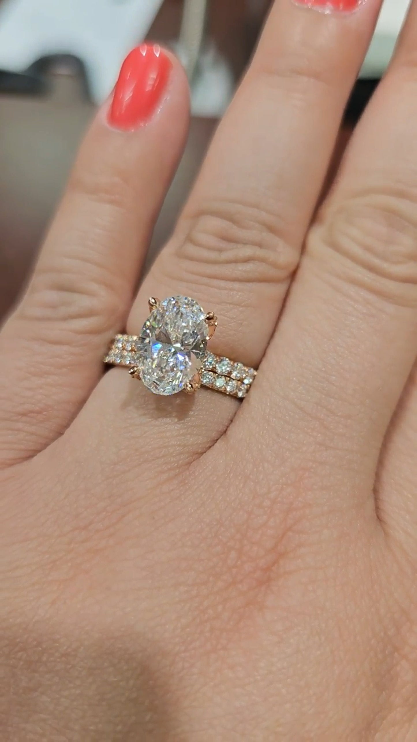 Tulip Lotus Prong Oval Moissanite Solitaire Engagement Ring with Pave basket and French set Pave band, petal prong ring, tulip prong ring.