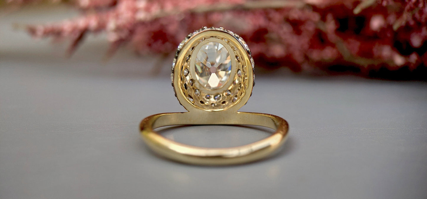 Floating Old mine cut Oval Halo set Georgian Moissanite Solitaire Engagement ring, Ring for her, right hand ring, Vintage Pave basket ring