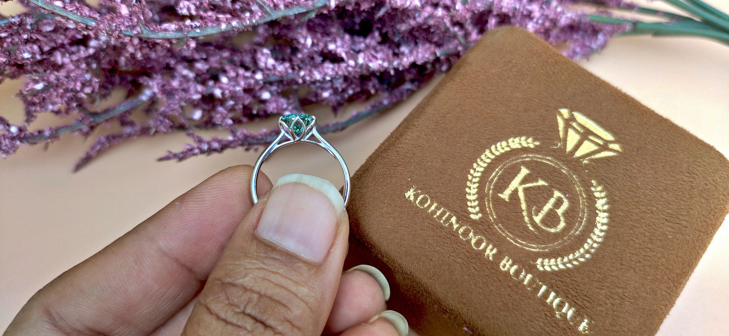 Tulip Lotus Prong Round Green Moissanite Solitaire Engagement Ring, flower basket ring Promise ring, proposal Ring, Ring for her