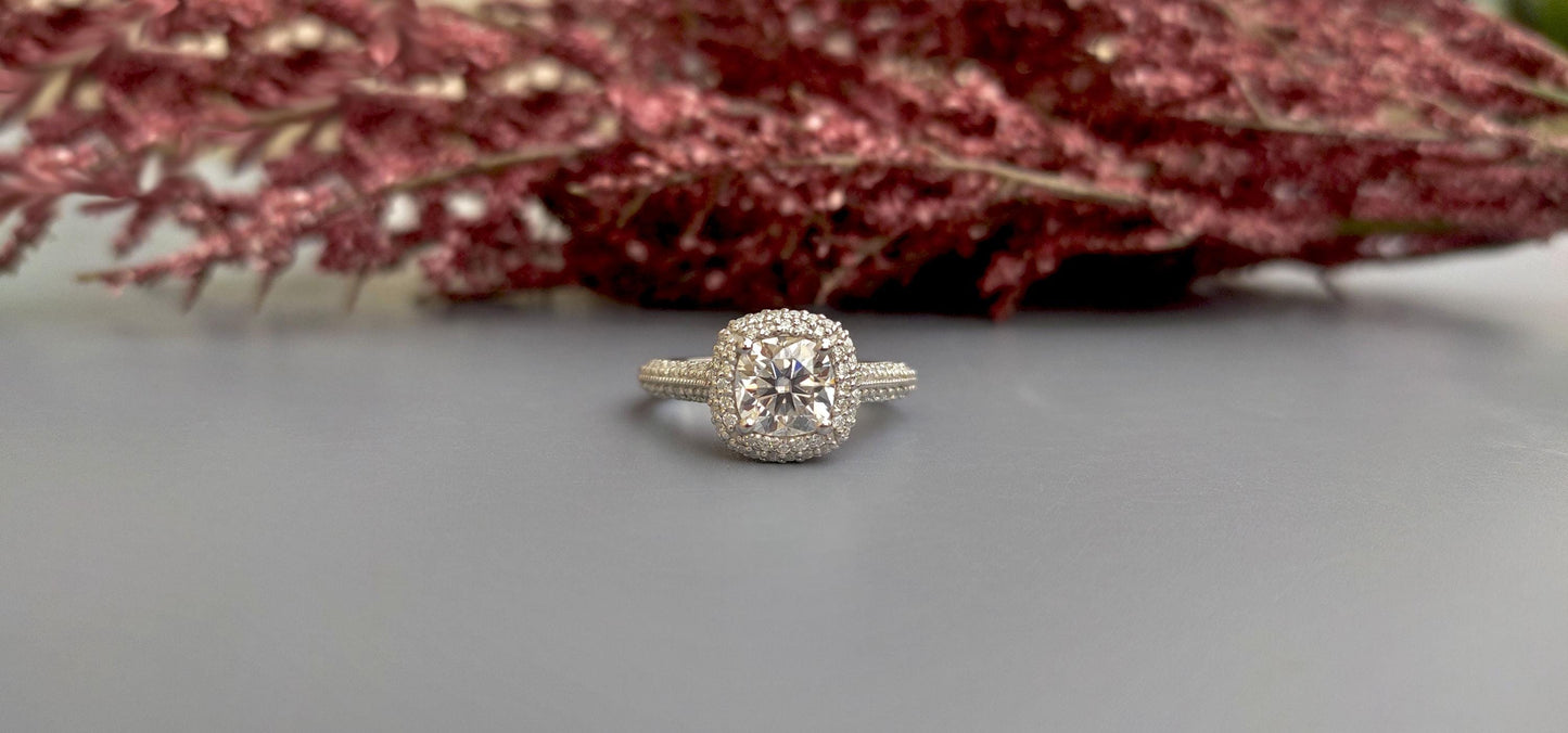 Vintage Cushion Cut Cathedral set Moissanite Double Halo double side pave milgrain pave basket with Lab rubies and and pave basket band.